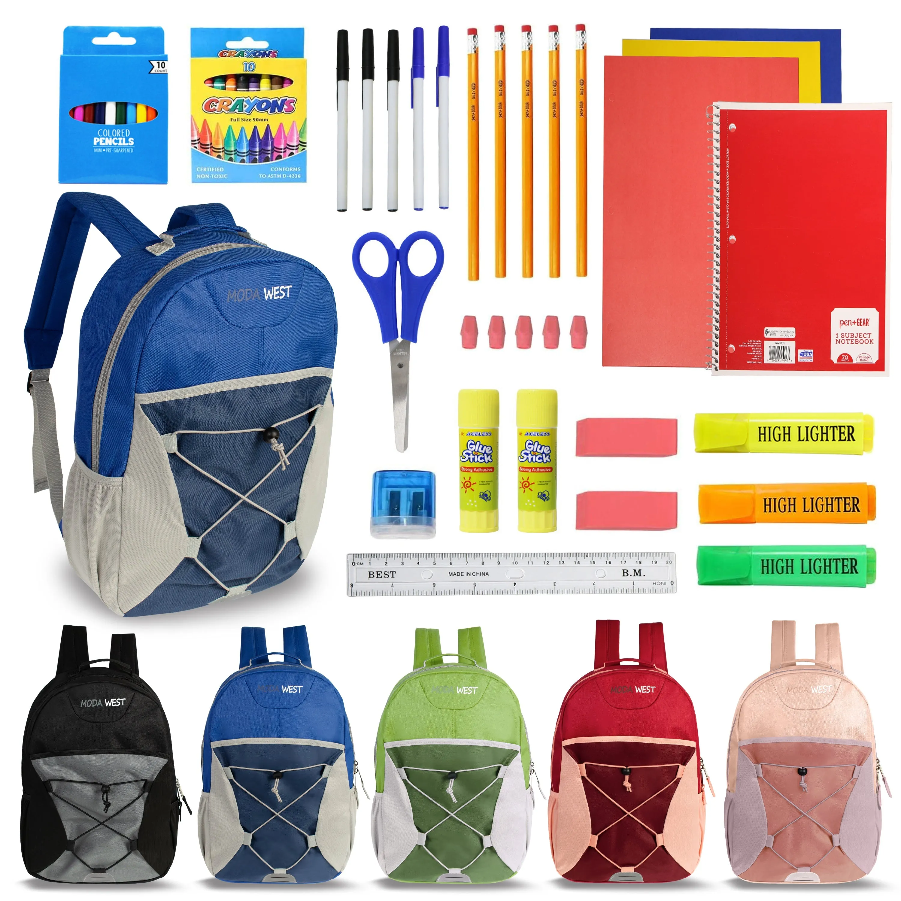 12 Wholesale 17" Bungee Backpacks in Assorted Colors & 12 Bulk School Supply Kits of Your Choice