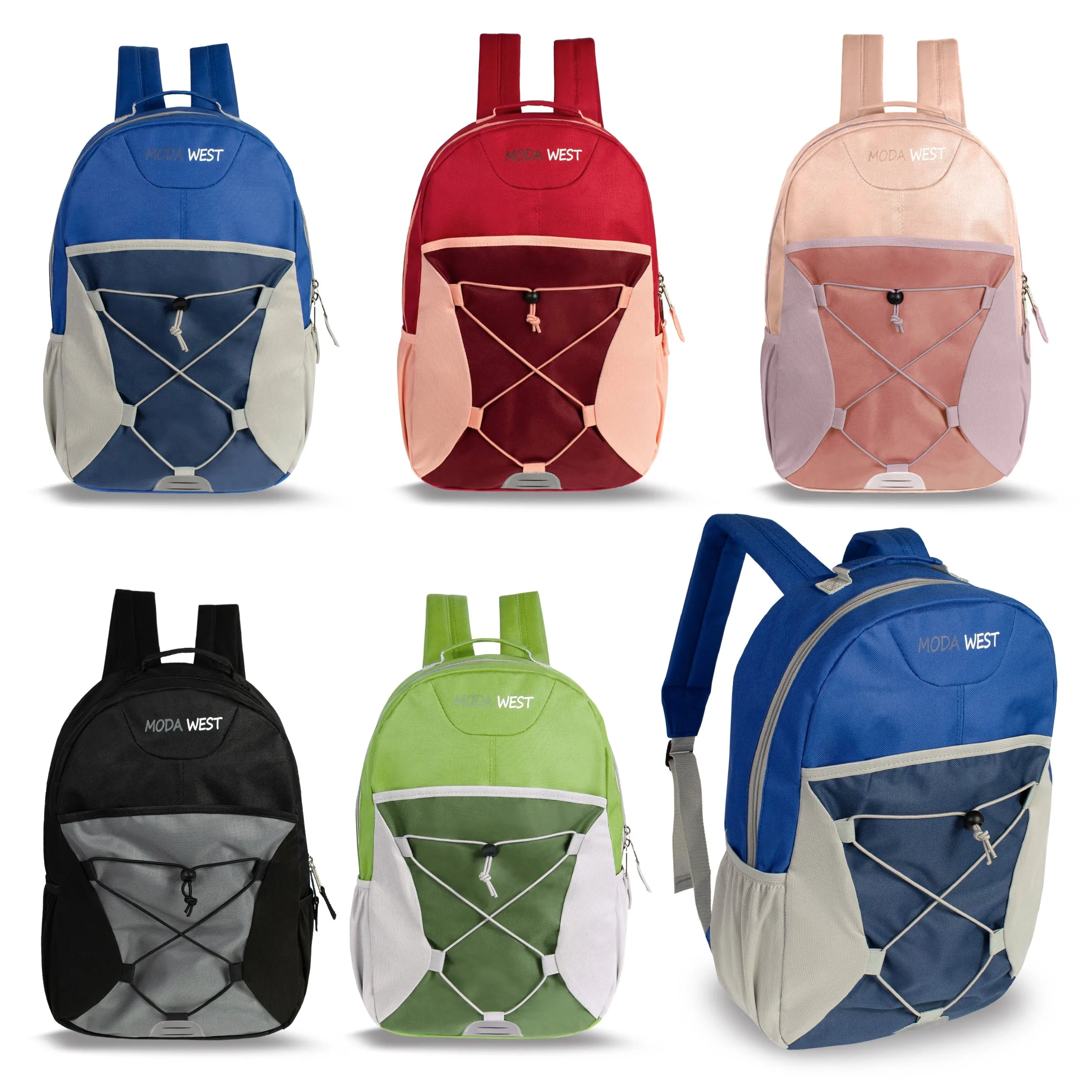 12 Wholesale 17" Bungee Backpacks in Assorted Colors & 12 Bulk School Supply Kits of Your Choice