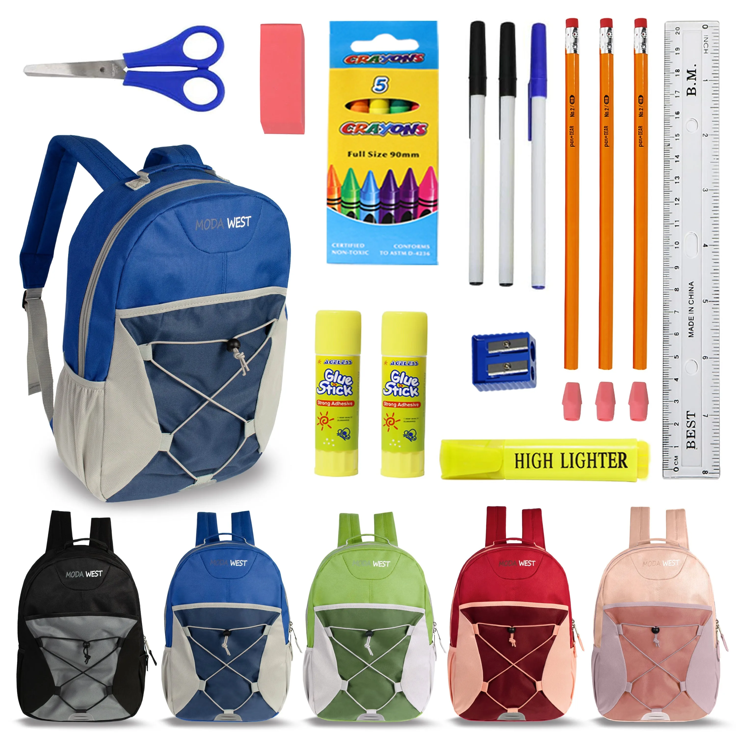 12 Wholesale 17" Bungee Backpacks in Assorted Colors & 12 Bulk School Supply Kits of Your Choice