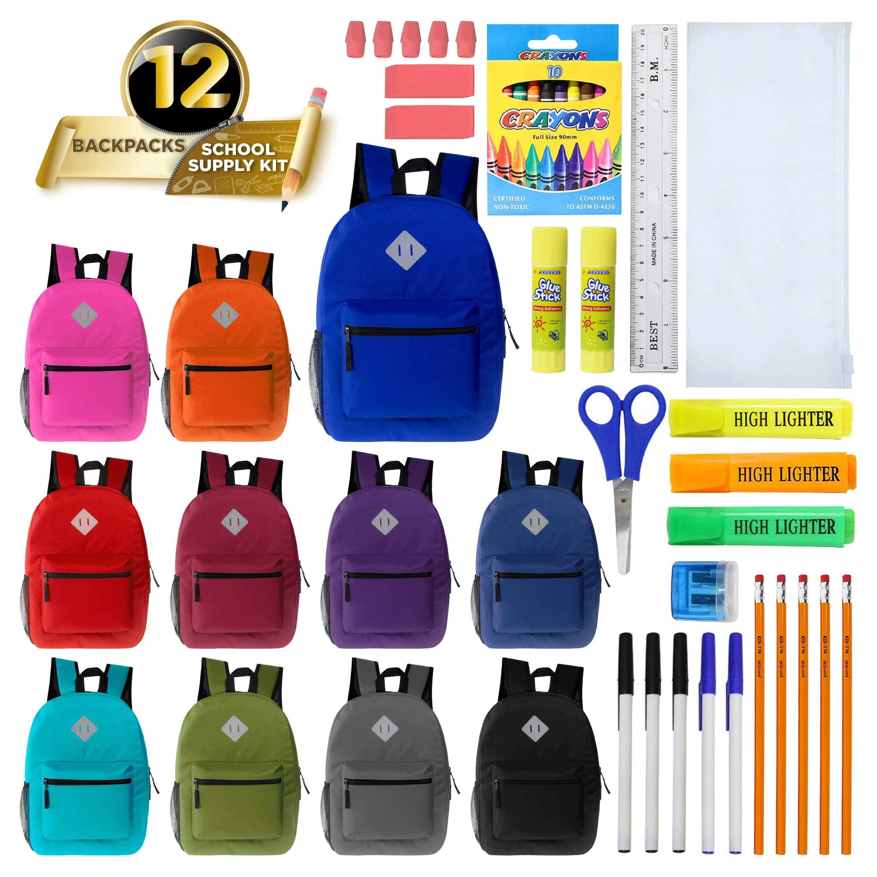 12 Wholesale 17" Diamond Patch Backpack in Assorted Colors & 12 Bulk School Supply Kits of Your Choice