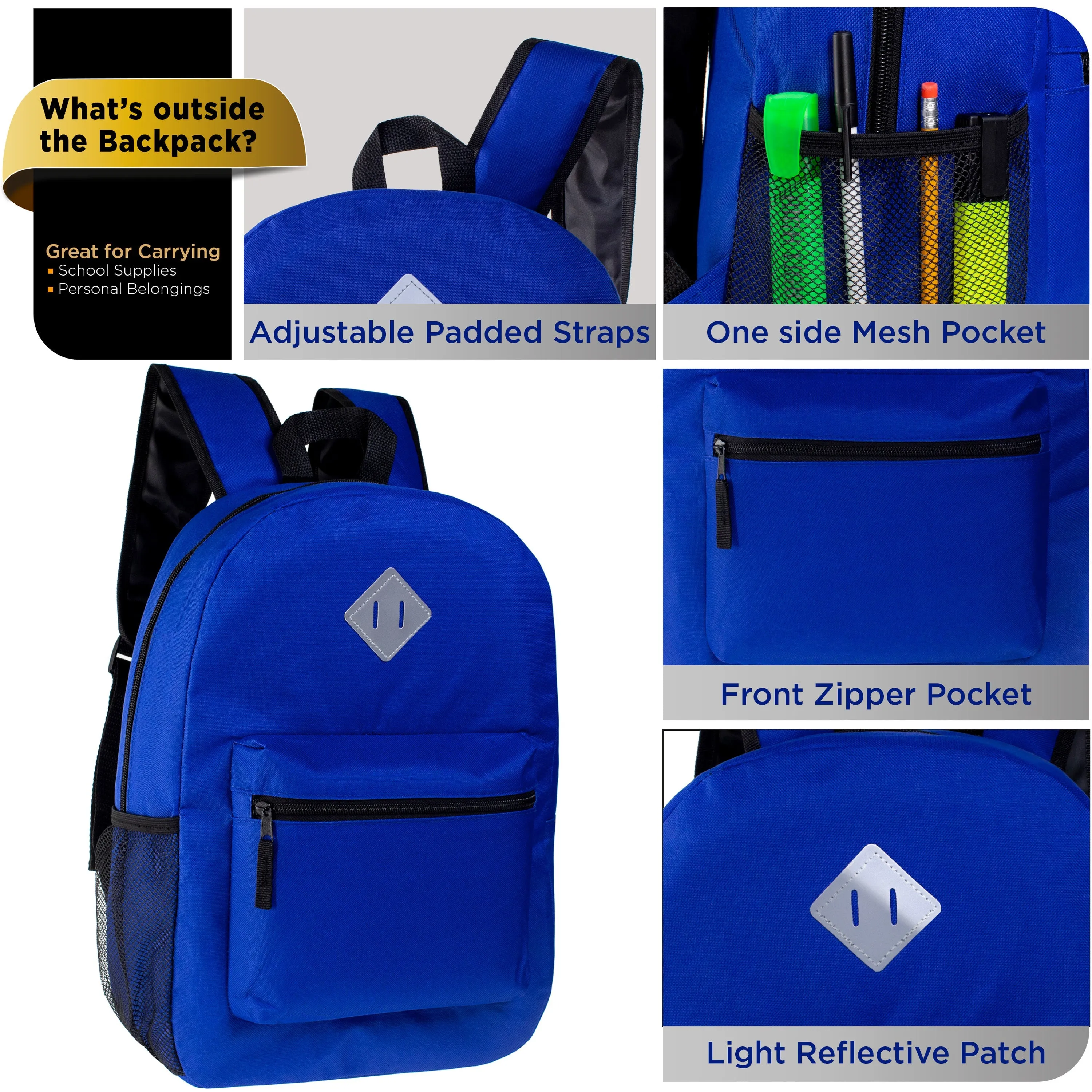 12 Wholesale 17" Diamond Patch Backpack in Assorted Colors & 12 Bulk School Supply Kits of Your Choice