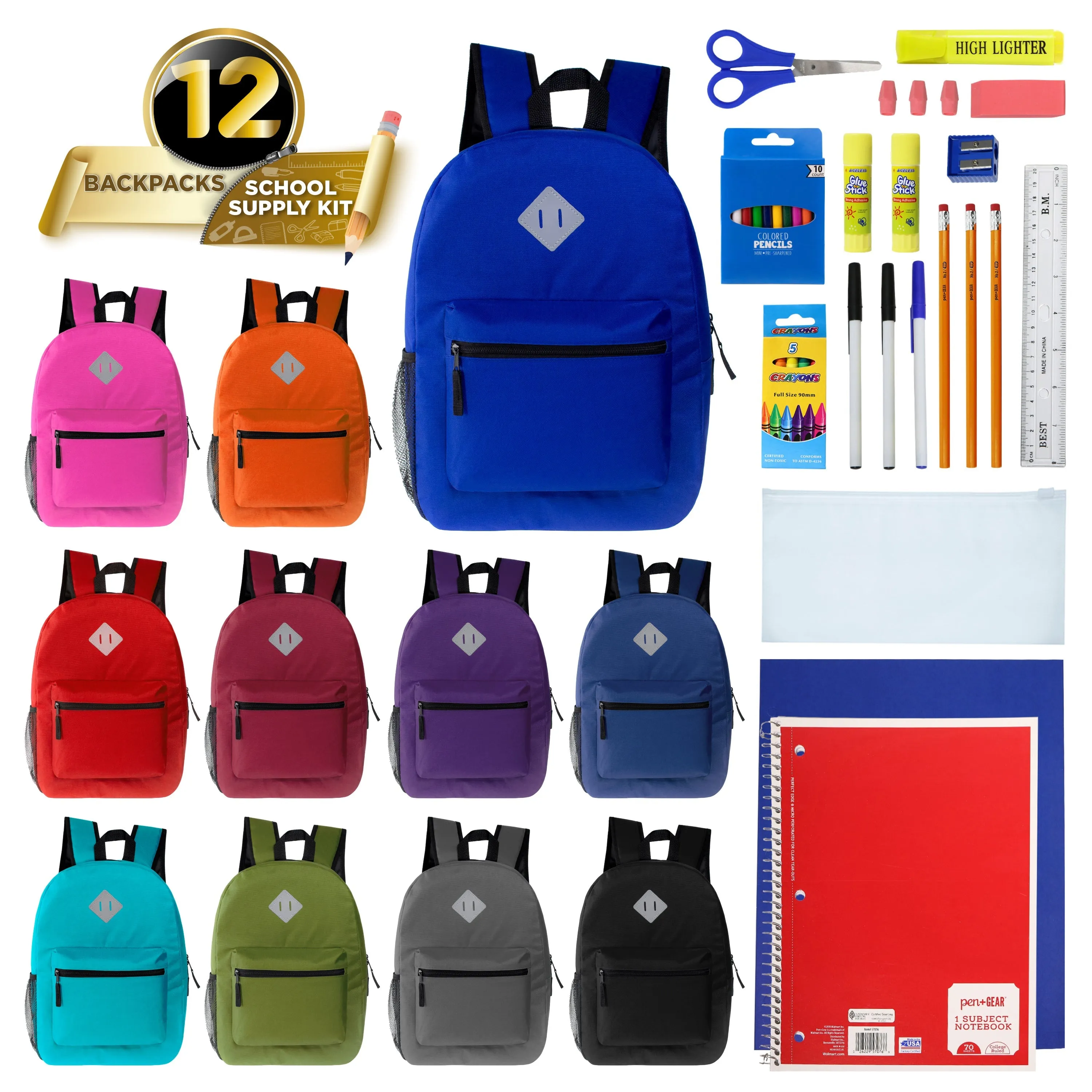 12 Wholesale 17" Diamond Patch Backpack in Assorted Colors & 12 Bulk School Supply Kits of Your Choice