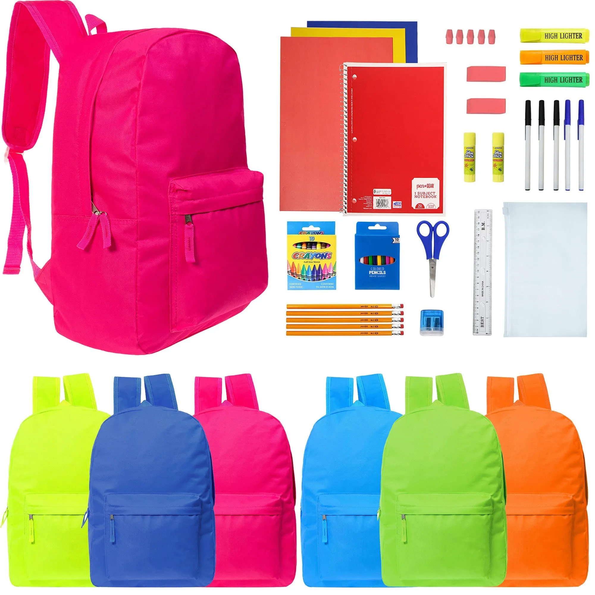 12 Wholesale Backpacks in 6 Bright Colors & 12 Bulk School Supply Kits of Your Choice