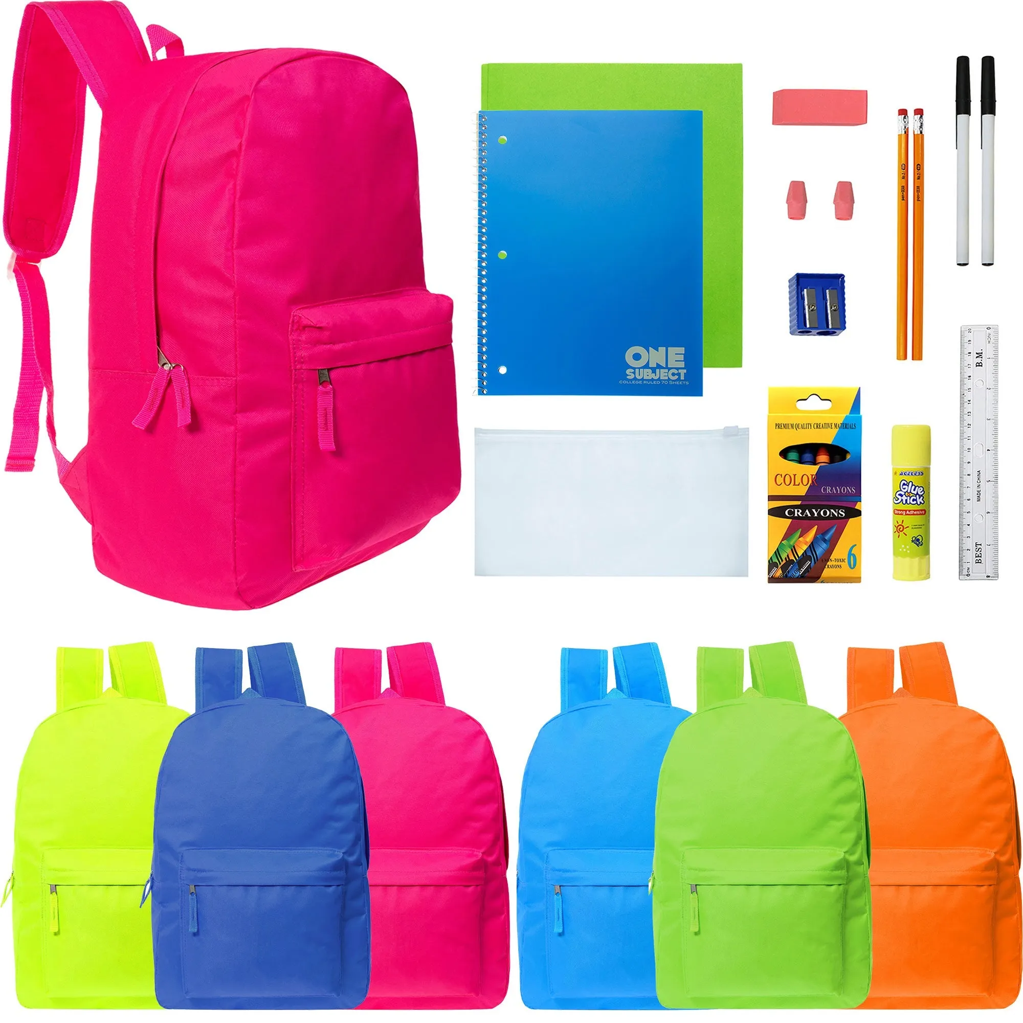 12 Wholesale Backpacks in 6 Bright Colors & 12 Bulk School Supply Kits of Your Choice