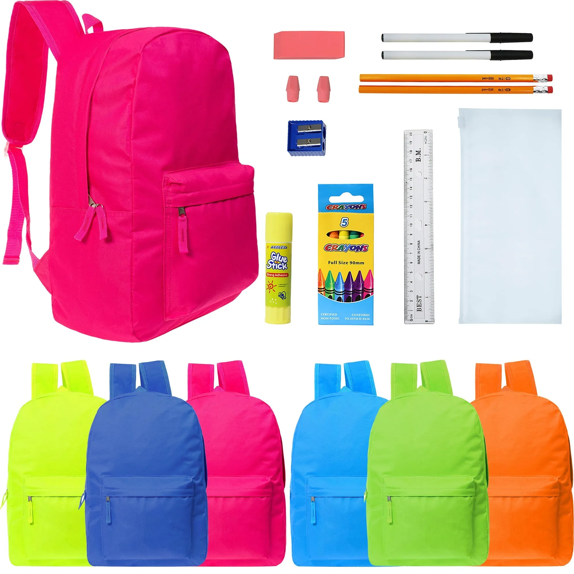 12 Wholesale Backpacks in 6 Bright Colors & 12 Bulk School Supply Kits of Your Choice