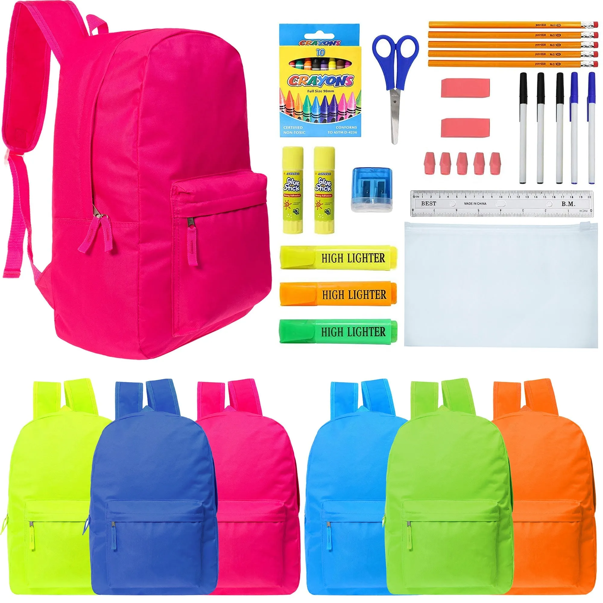 12 Wholesale Backpacks in 6 Bright Colors & 12 Bulk School Supply Kits of Your Choice