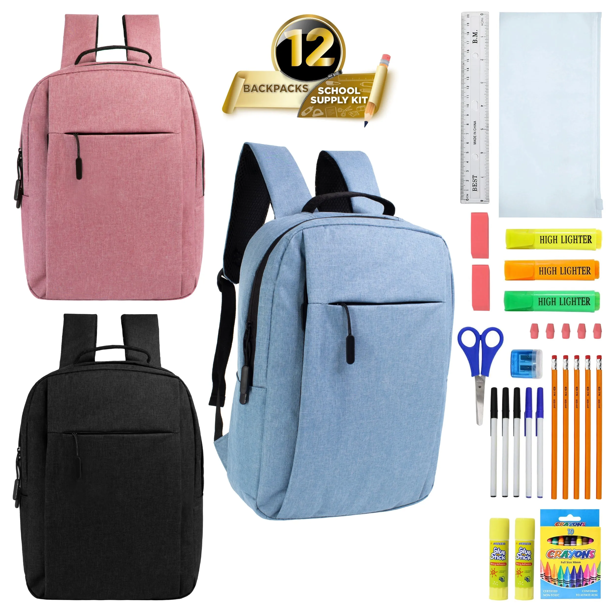 12 Wholesale Premium Laptop Backpacks & 12 Bulk School Supply Kits of Your Choice