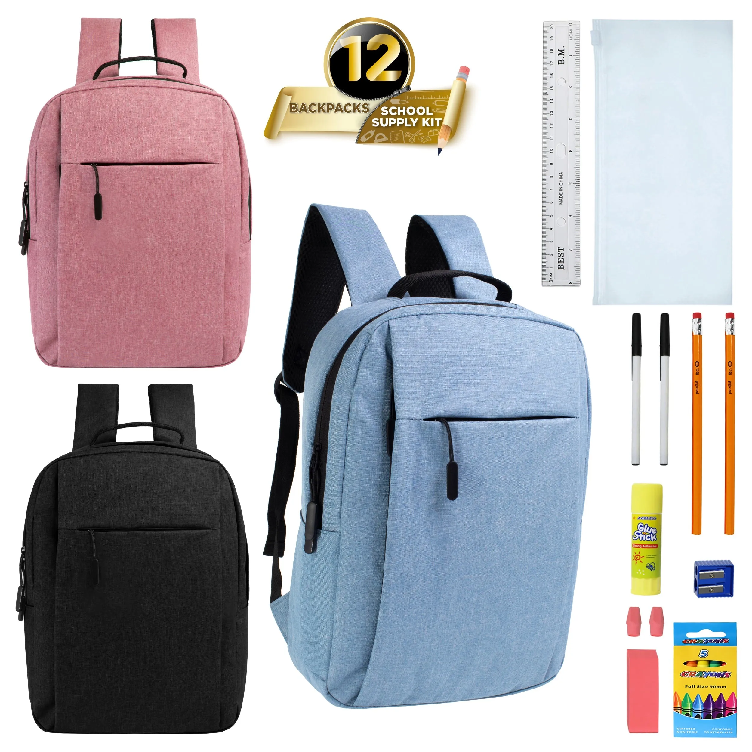 12 Wholesale Premium Laptop Backpacks & 12 Bulk School Supply Kits of Your Choice