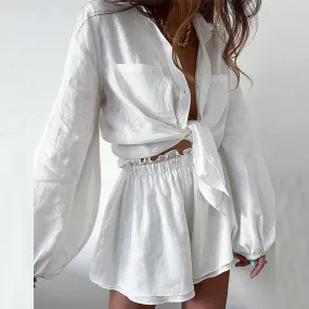 2024 Summer New Women’s Casual Fashion Solid Color Ruffled Shorts Shirt Set Suit