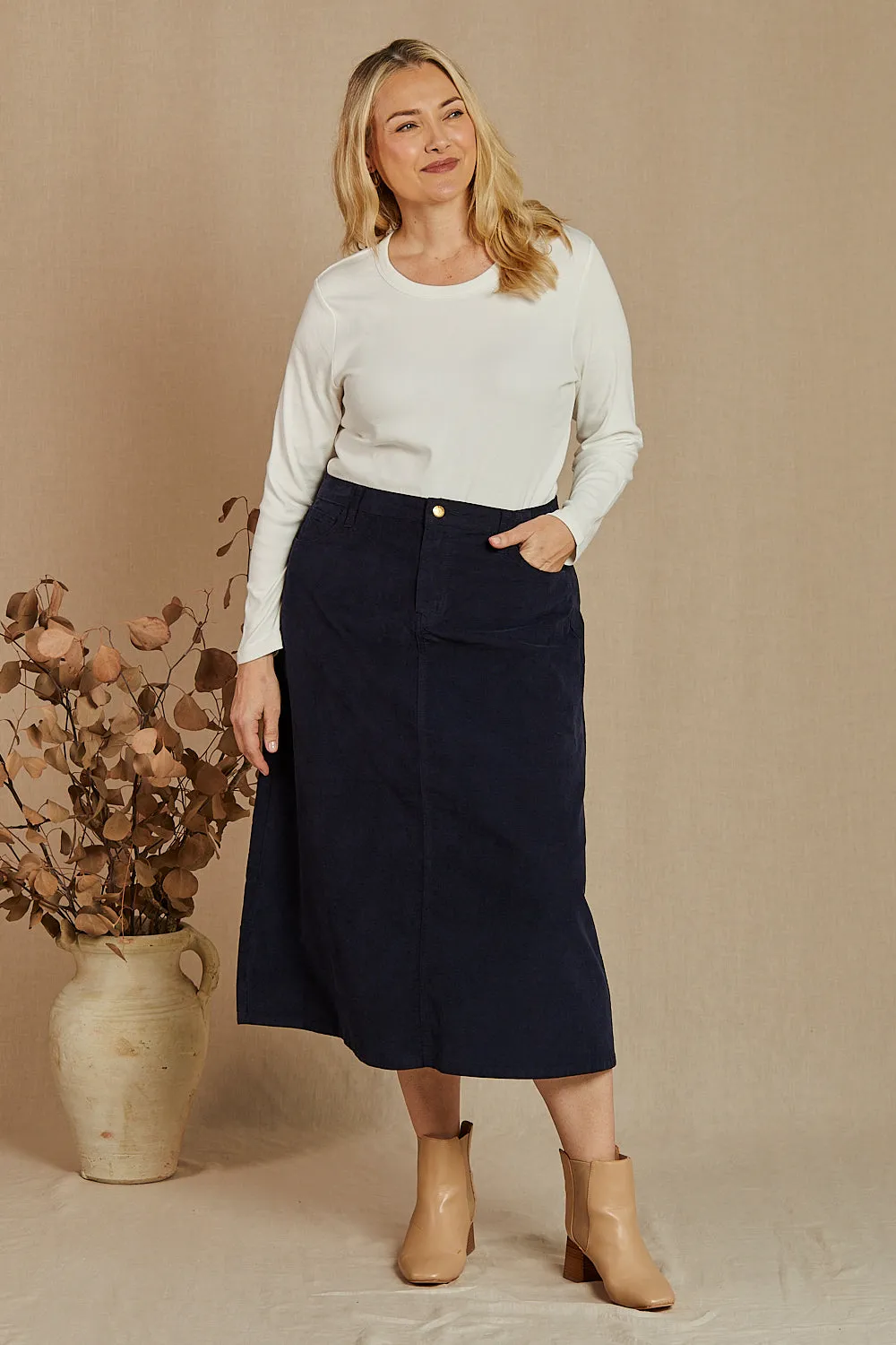 Adrift A-Line Brushed Cotton Skirt in Navy