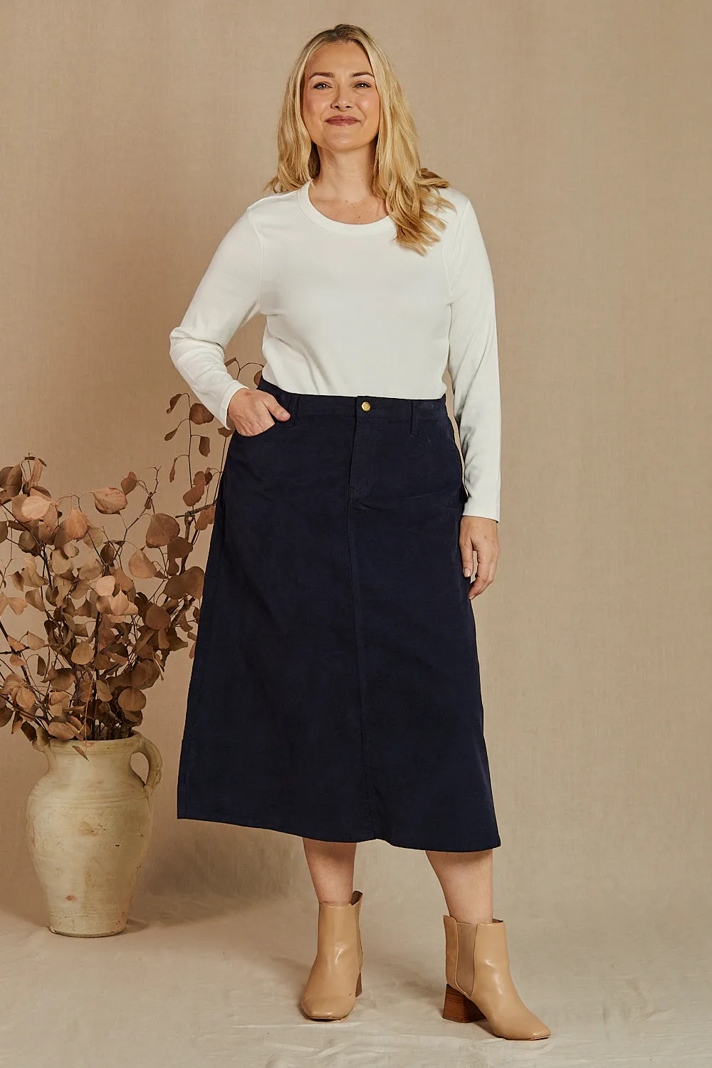 Adrift A-Line Brushed Cotton Skirt in Navy