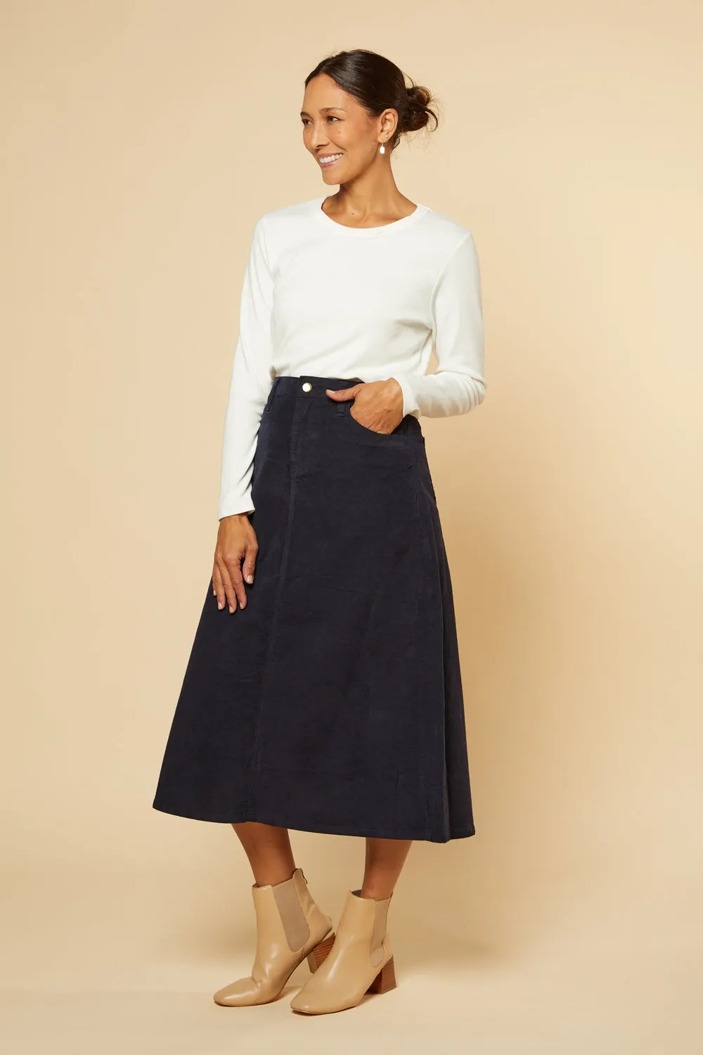 Adrift A-Line Brushed Cotton Skirt in Navy