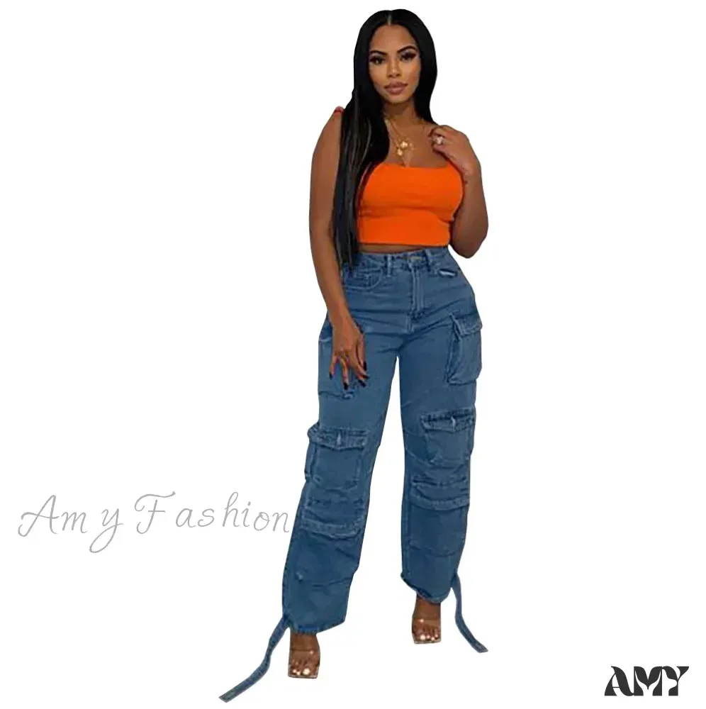 Amy Fashion - 2024 Straight Denim Streetwear Fashion Pocket Front Lace Hem Cargo Wide Leg Jean