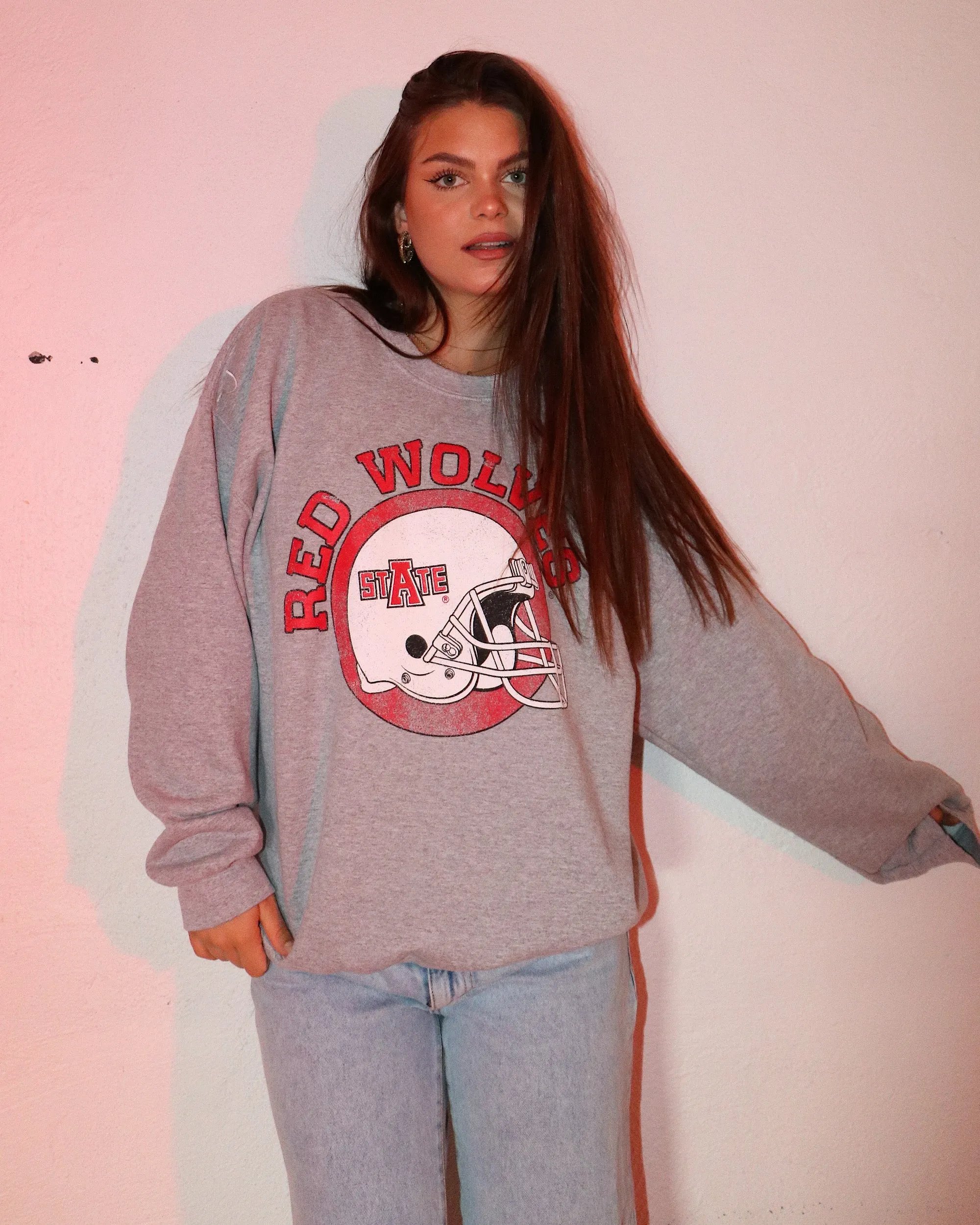 Arkansas State Red Wolves Helmet Circle Gray Thrifted Sweatshirt