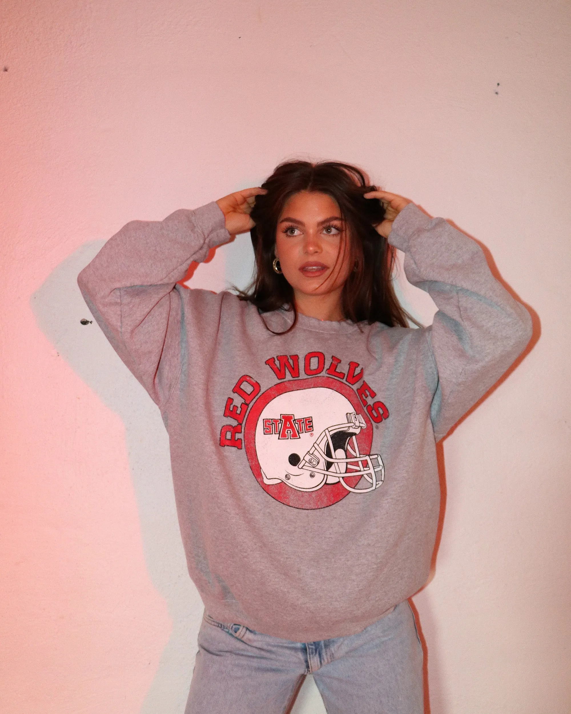 Arkansas State Red Wolves Helmet Circle Gray Thrifted Sweatshirt