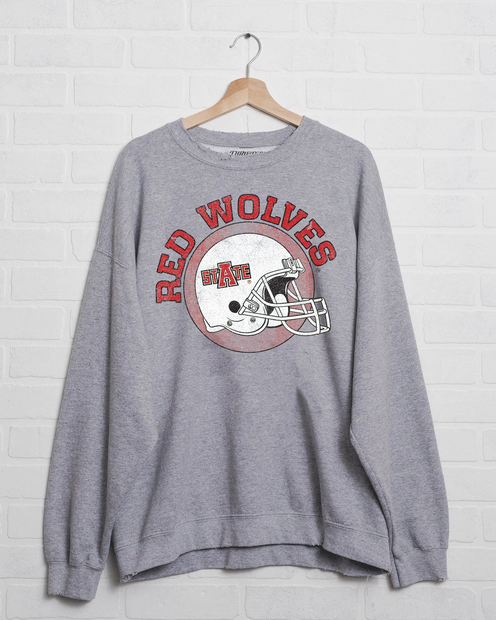 Arkansas State Red Wolves Helmet Circle Gray Thrifted Sweatshirt