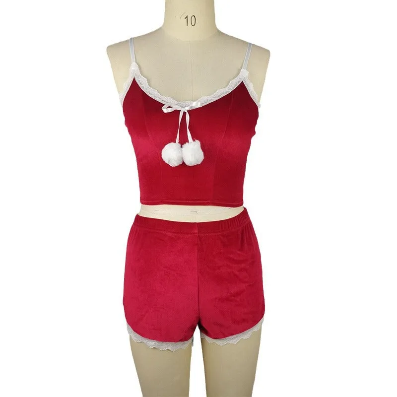 Backless Camisole Shorts Pajamas Two-Piece Set Christmas Fluffy Robe Homewear Sexy Passion Set Suit