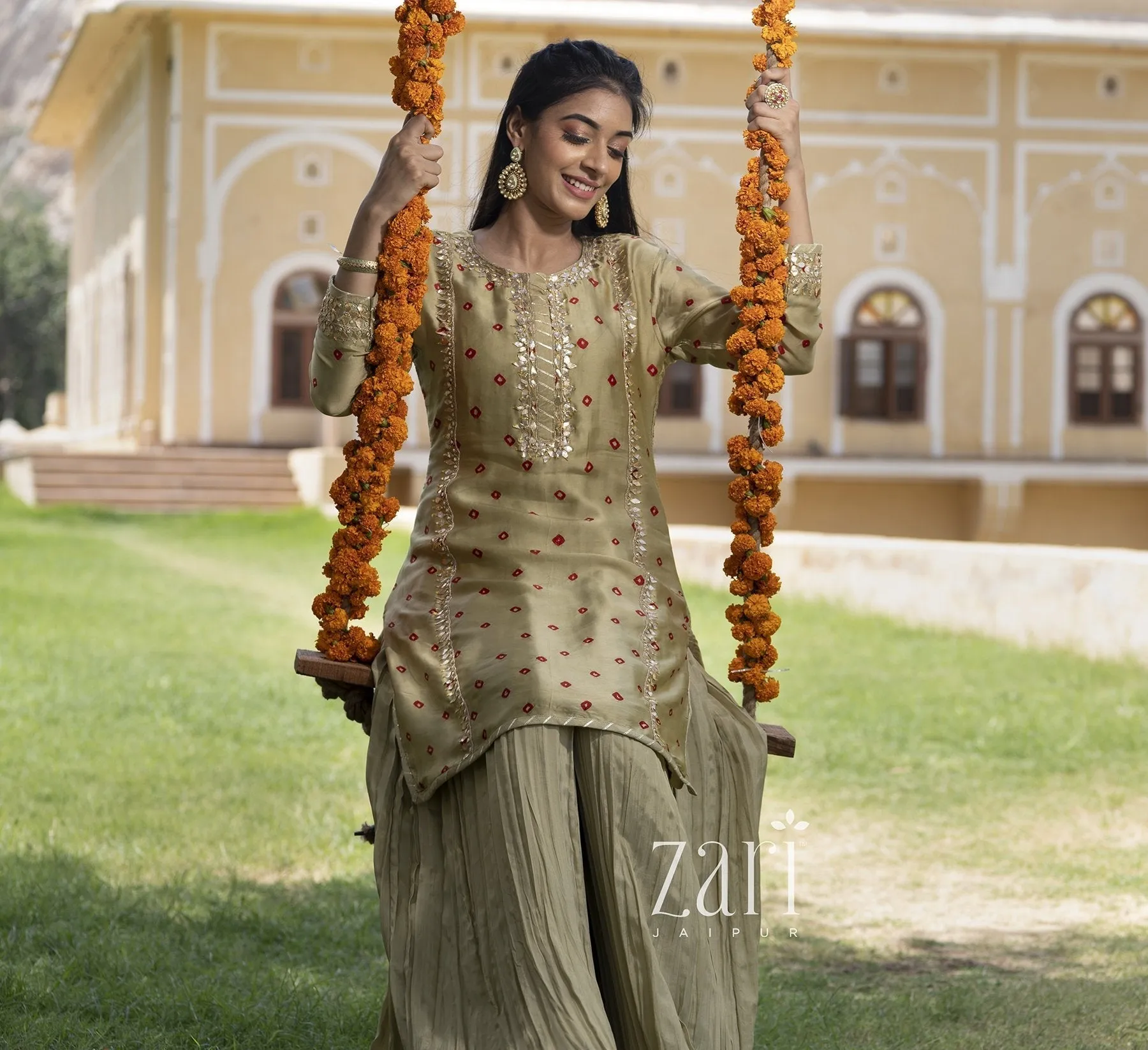 Bandhej Gajji Satin Suit with Gota Patti work.