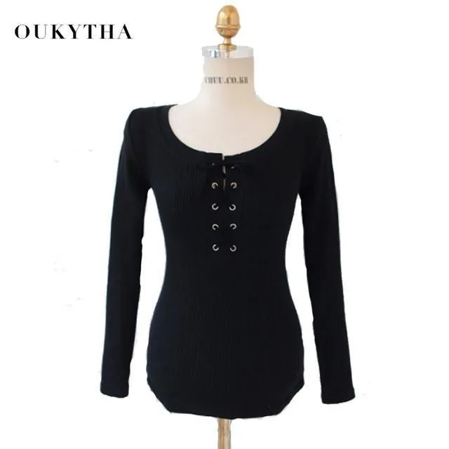 Blouses & Shirts Sexy Slim Low-cut Straped  Round Collar Long Sleeve Sheer Tees Women Oukytha 2120