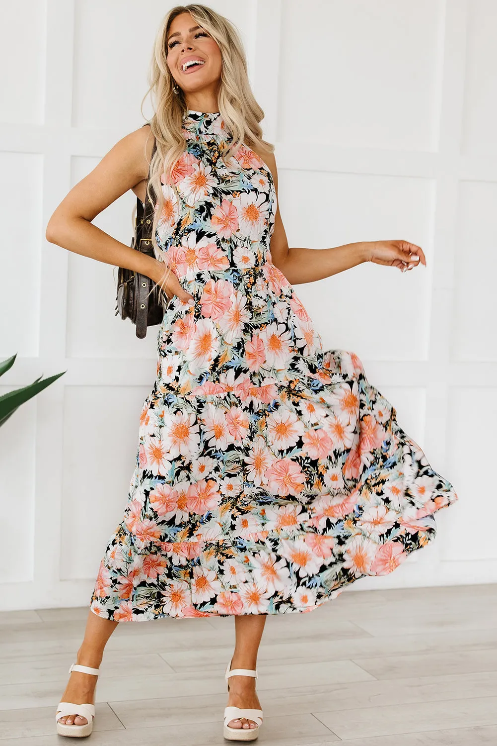 Boho Floral Knotted Halter Maxi Dress