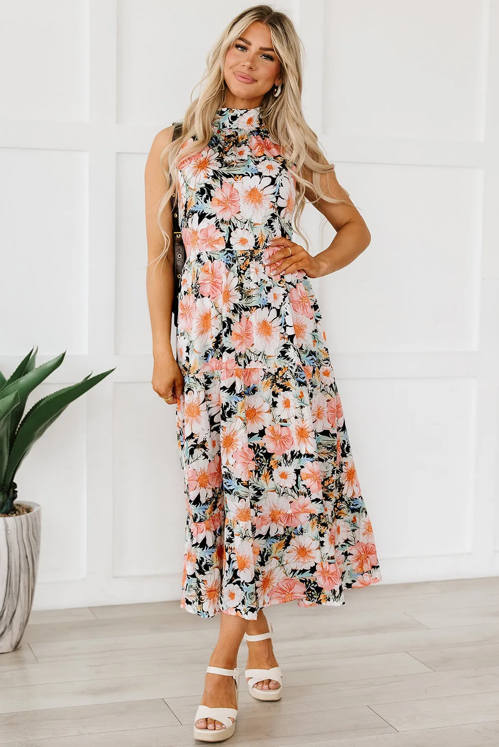 Boho Floral Knotted Halter Maxi Dress