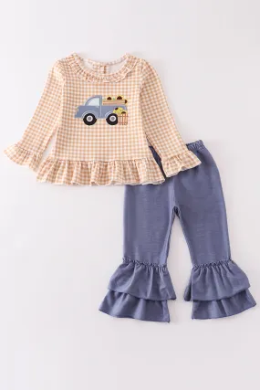 Brown plaid truck applique girl set