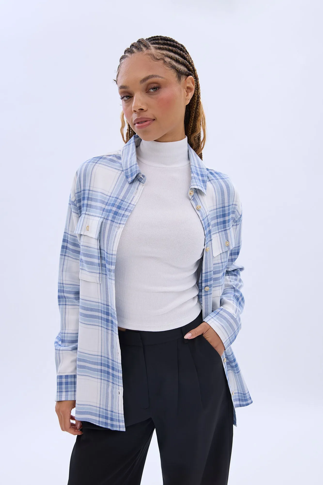 Button-Up Twill Plaid Shirt