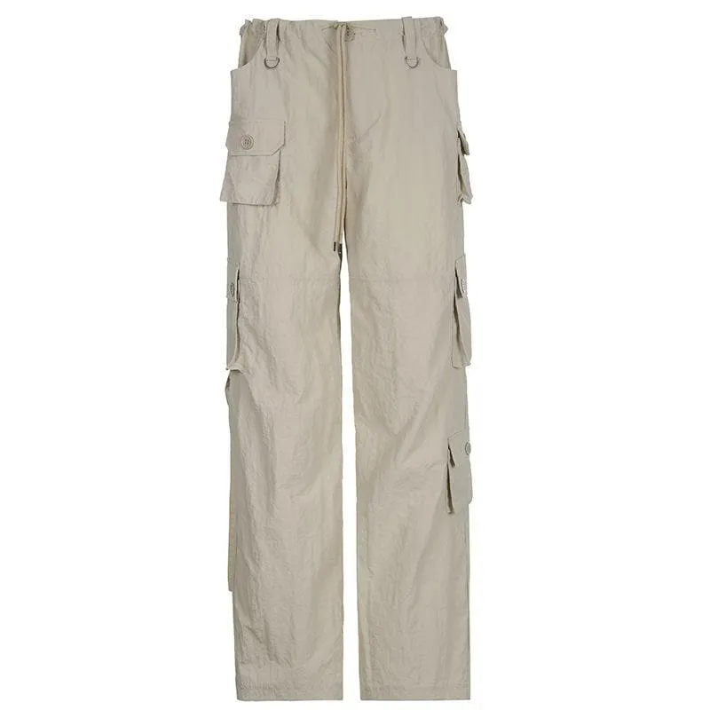 Cargo pocket drawstring solid button adjustable waist wide leg pant