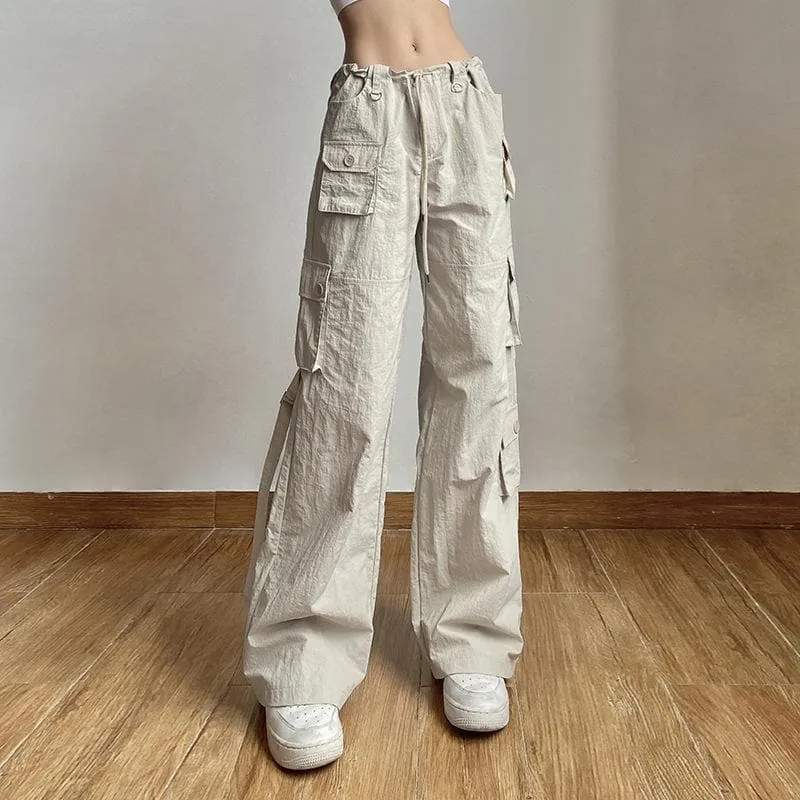 Cargo pocket drawstring solid button adjustable waist wide leg pant