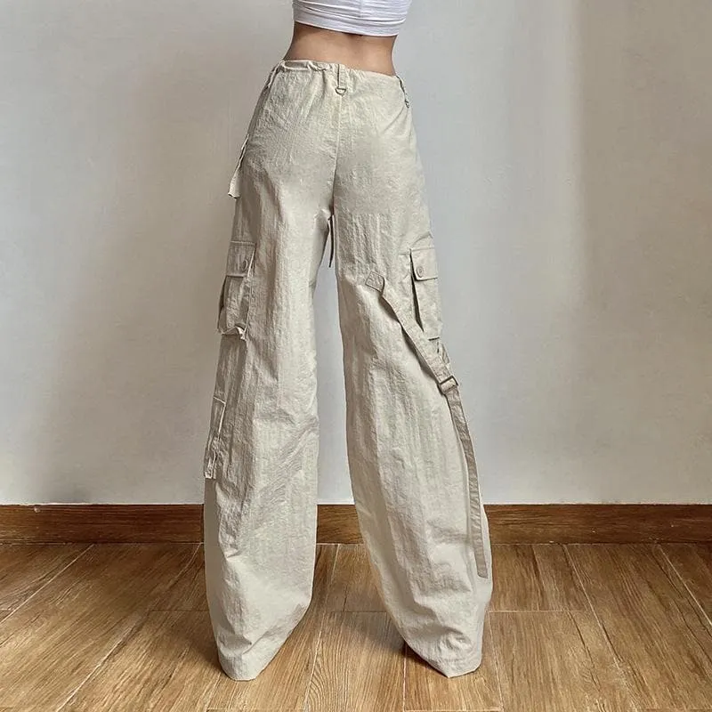 Cargo pocket drawstring solid button adjustable waist wide leg pant