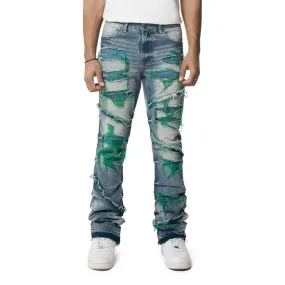 Color Thread Heavy R&R Lazy Stacked Flared Jeans - Green