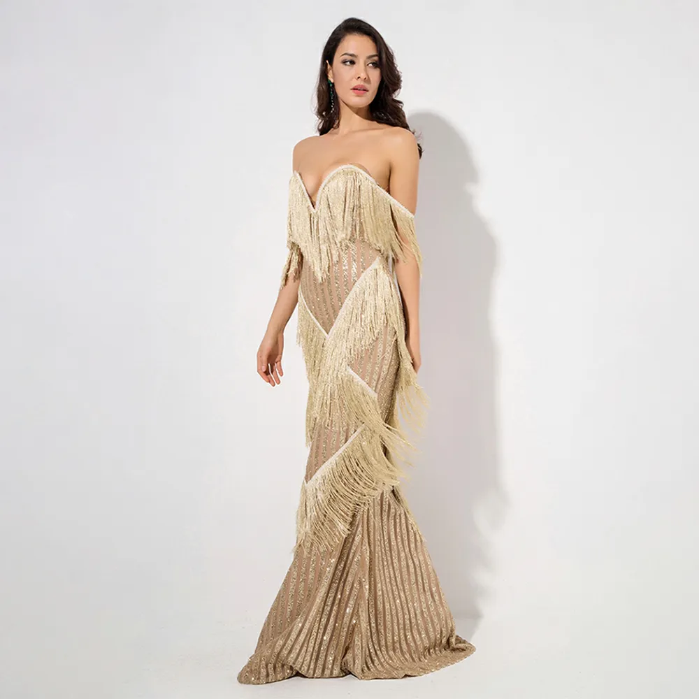 Deep V-Neck Gold Fringed Stripes Maxi Dress