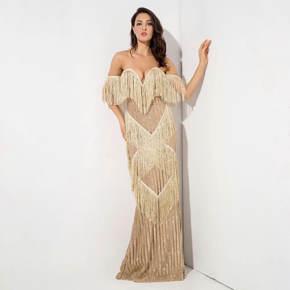 Deep V-Neck Gold Fringed Stripes Maxi Dress