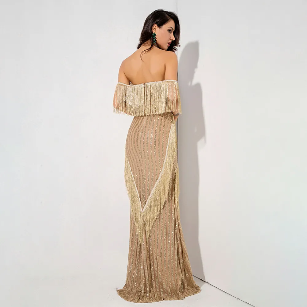 Deep V-Neck Gold Fringed Stripes Maxi Dress