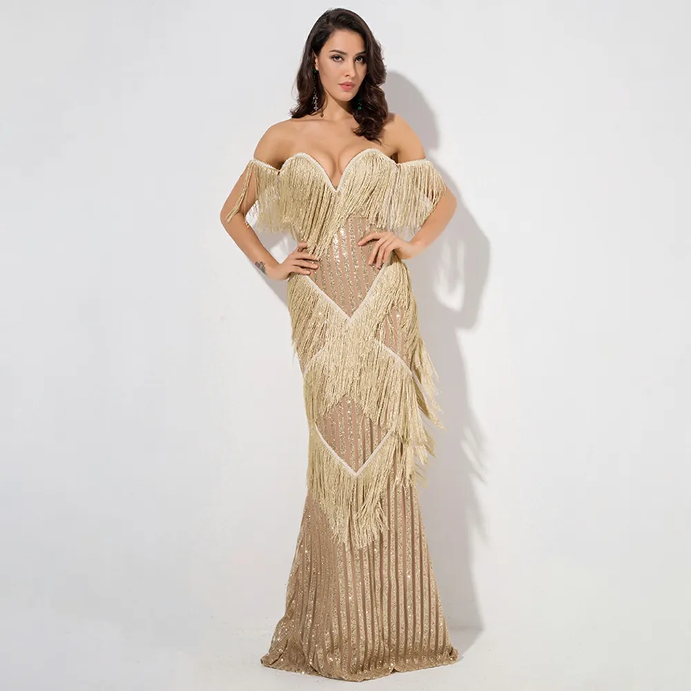 Deep V-Neck Gold Fringed Stripes Maxi Dress