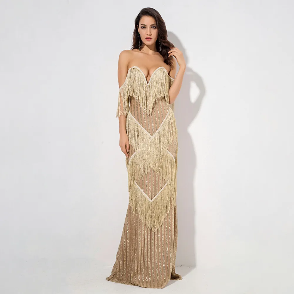 Deep V-Neck Gold Fringed Stripes Maxi Dress