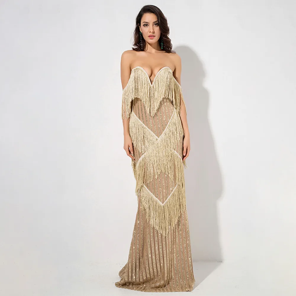 Deep V-Neck Gold Fringed Stripes Maxi Dress