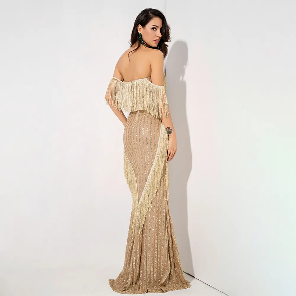 Deep V-Neck Gold Fringed Stripes Maxi Dress