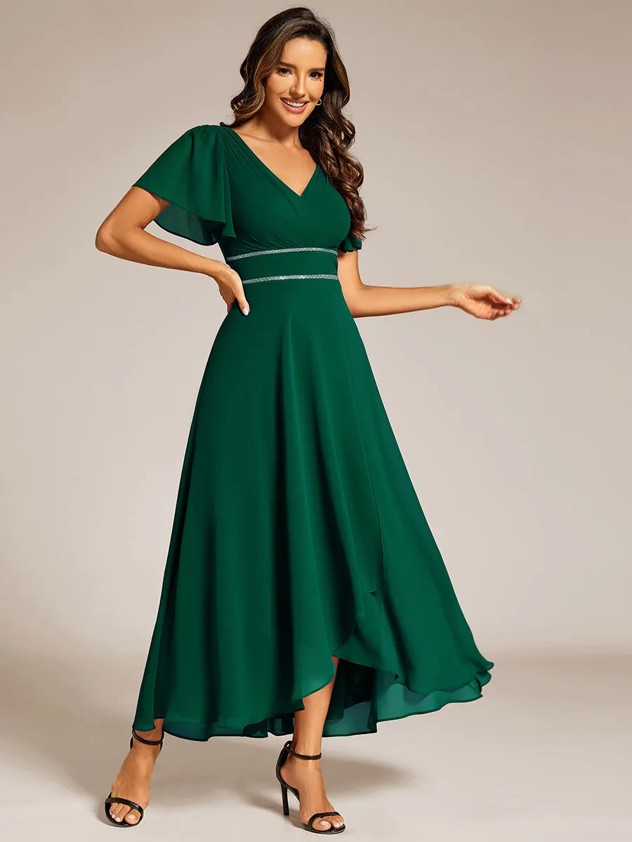 Elegant Asymmetrical A-Line Skirt Nine-Length Chiffon Dresses with Ruffles Sleeves