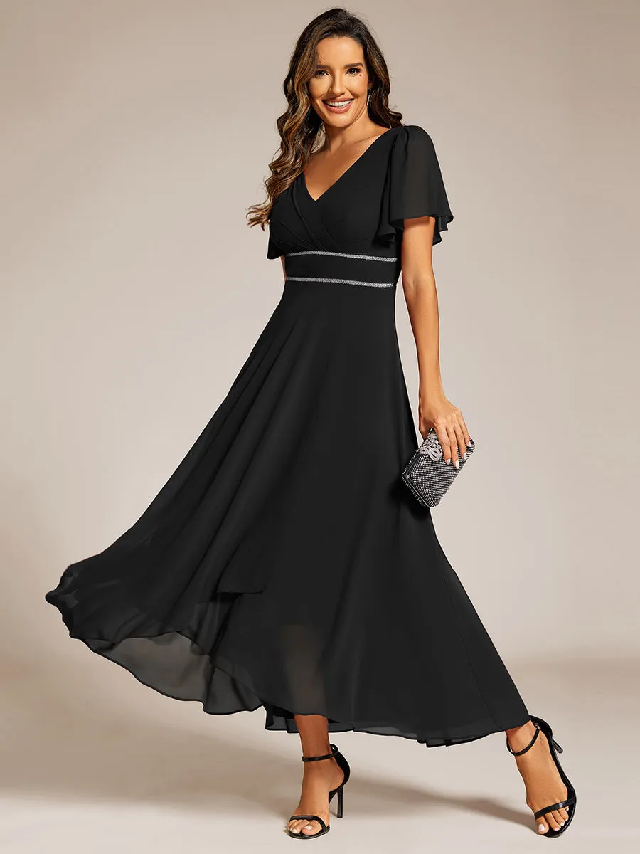 Elegant Asymmetrical A-Line Skirt Nine-Length Chiffon Dresses with Ruffles Sleeves