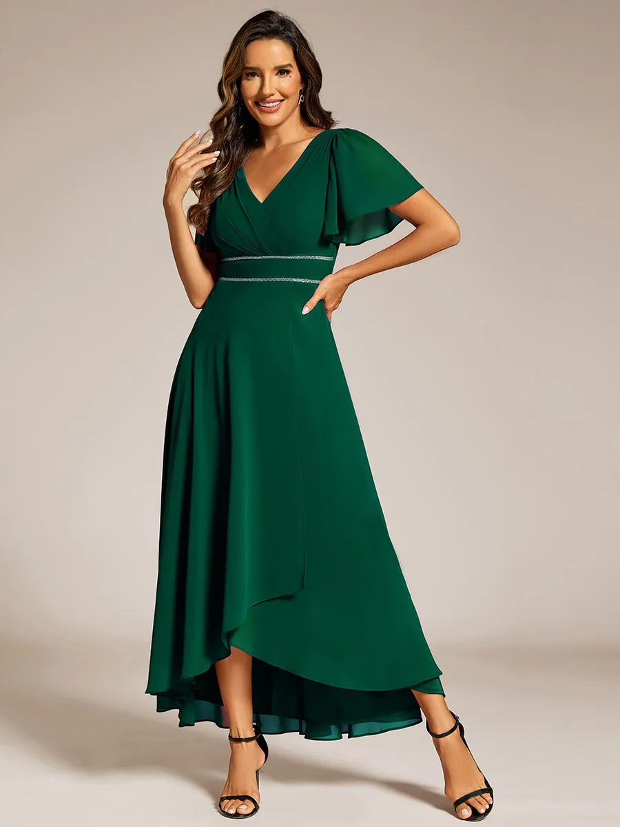 Elegant Asymmetrical A-Line Skirt Nine-Length Chiffon Dresses with Ruffles Sleeves