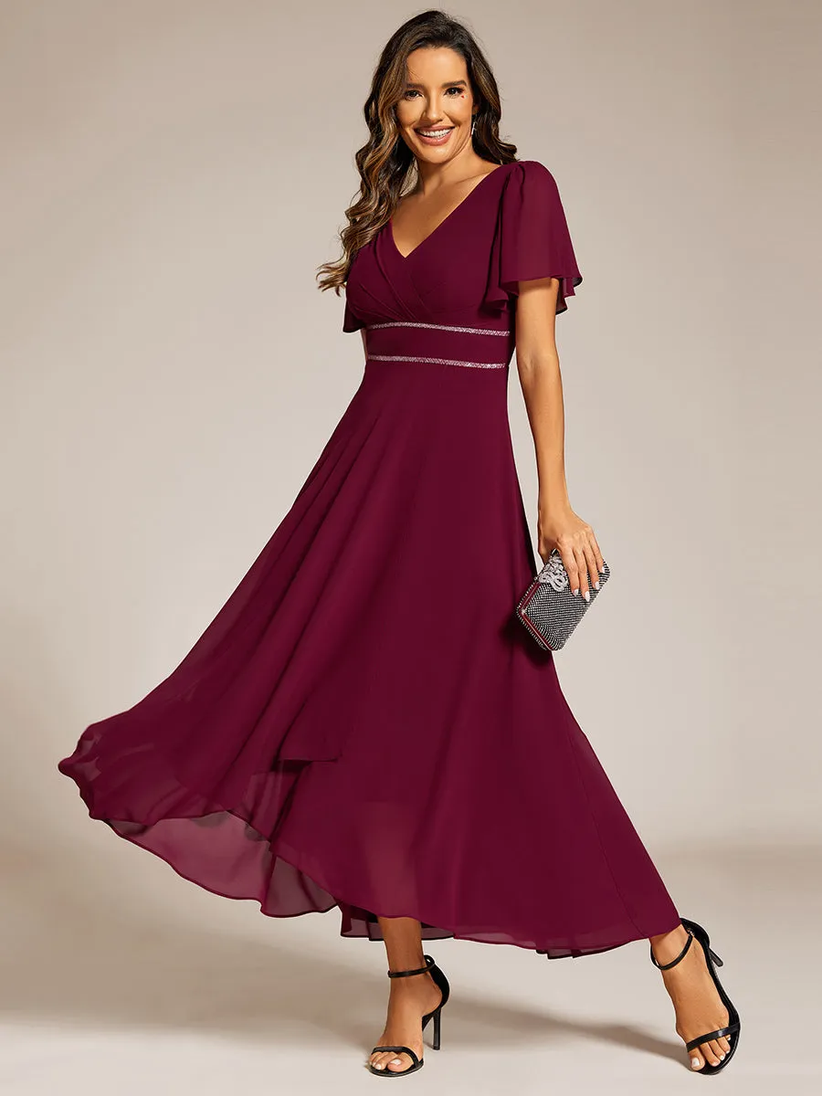 Elegant Asymmetrical A-Line Skirt Nine-Length Chiffon Dresses with Ruffles Sleeves