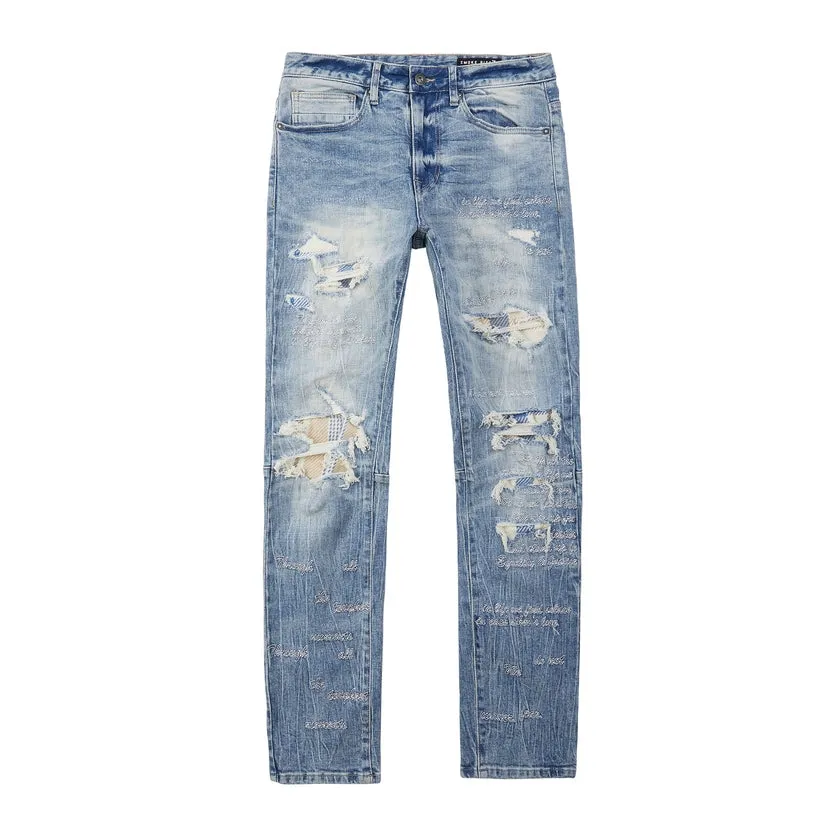 Embroidered Plaid Backed Denim Jeans - Lowell Blue