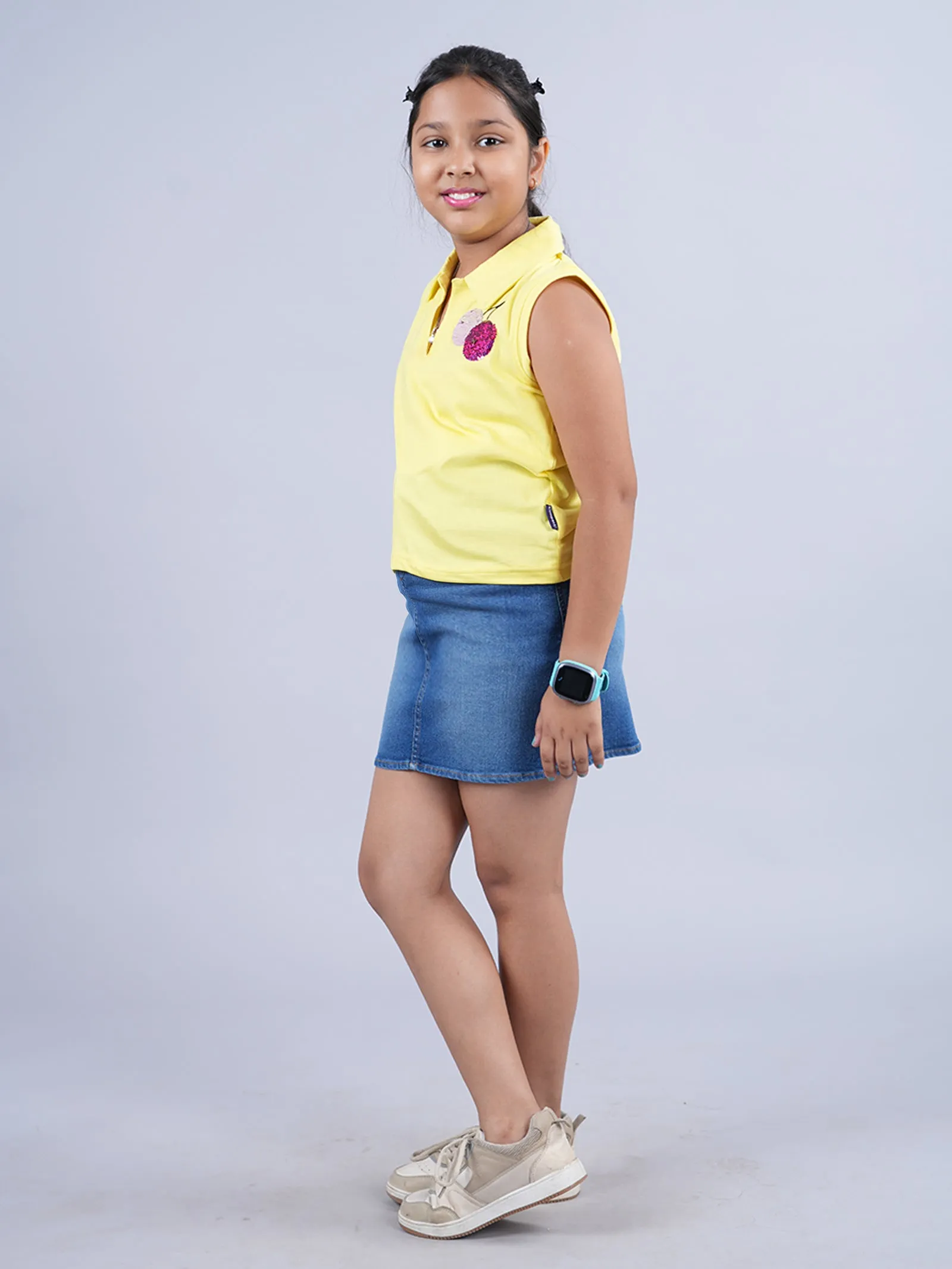 Girls Cropped Polo Tee & Fashion Denim Skirt Set