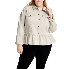 Given Kale Women's Plus Ruffle Trim Stretch Cotton Blend Twill Peplum Shirt Jacket