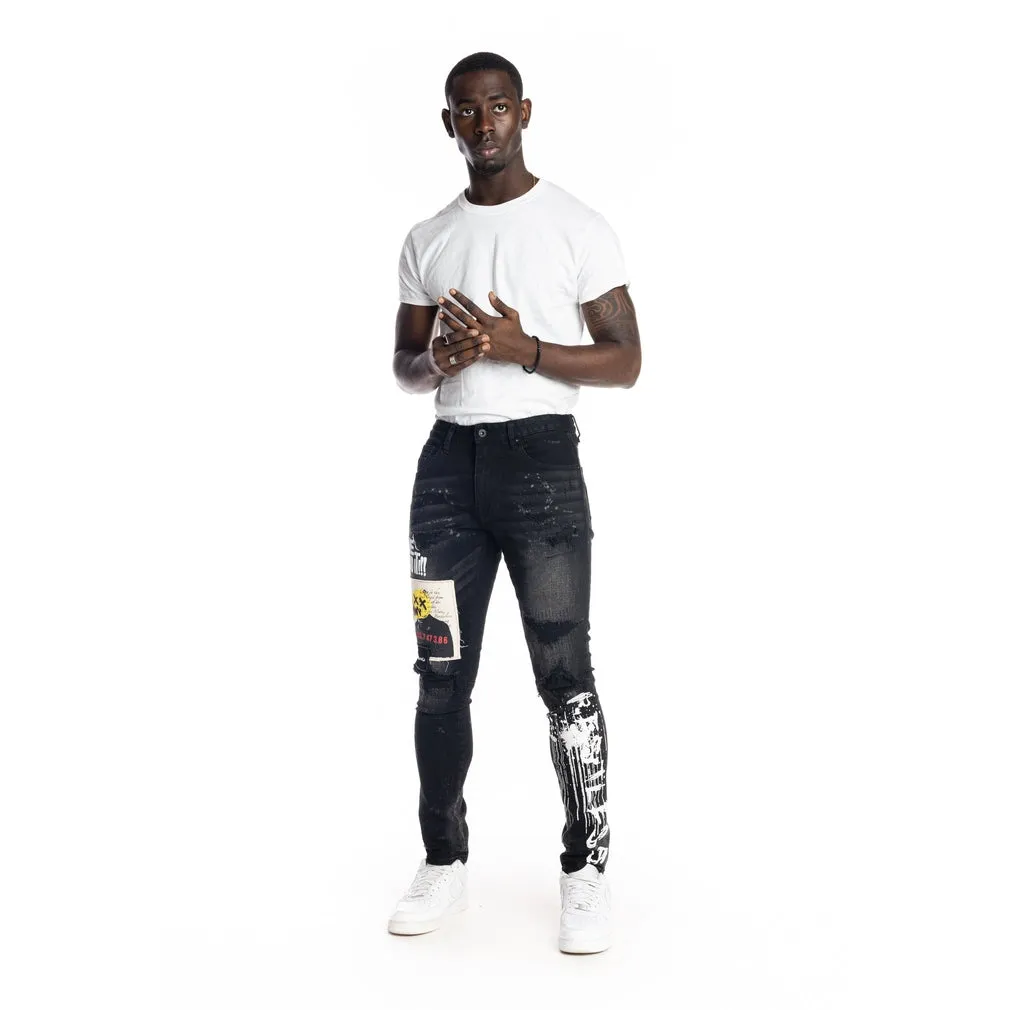 Graphic Patched Fashion Jeans - Dusty Black