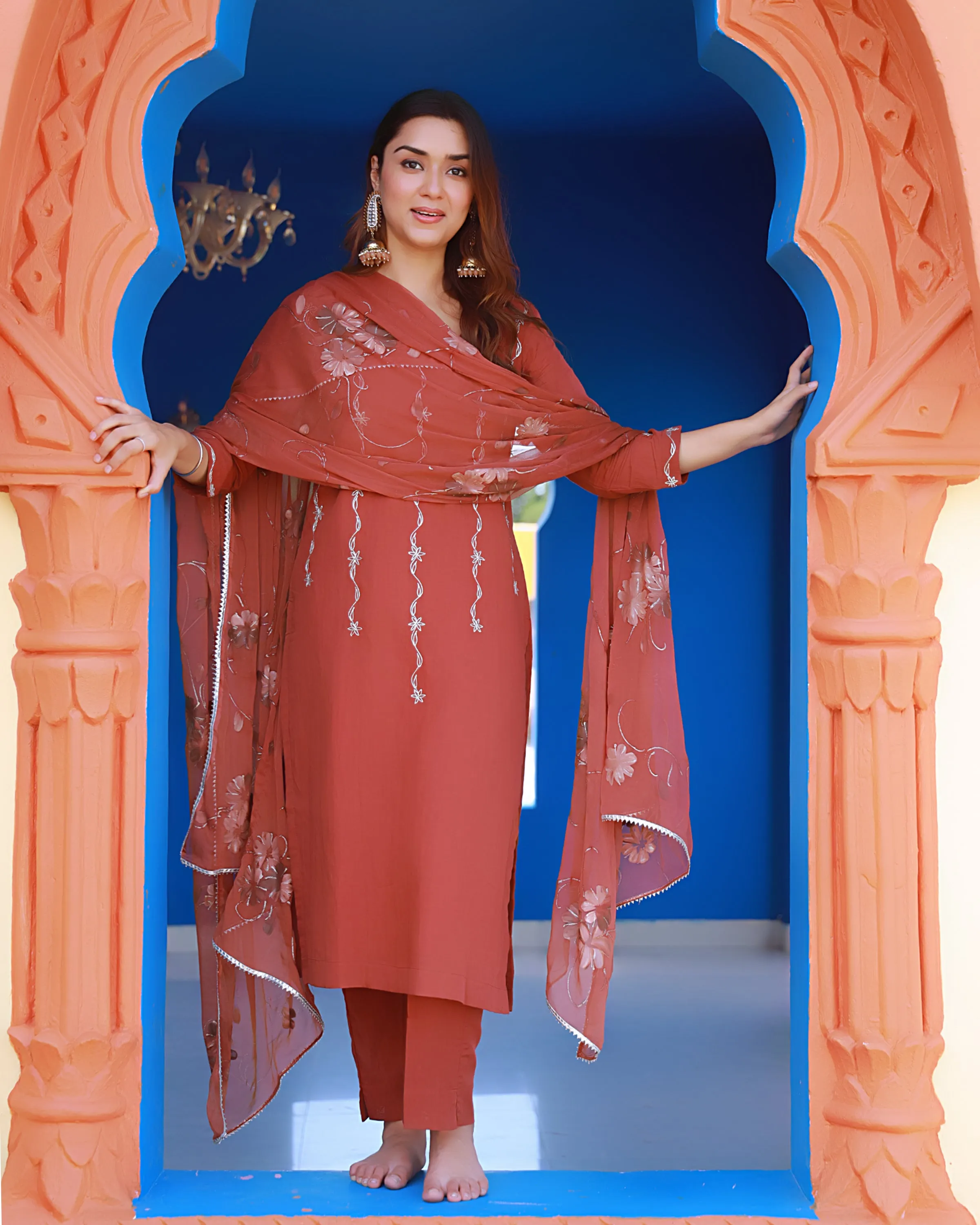 Heer Copper Hand Embroidered Silk Kurta Pant with Hand Painted Dupatta