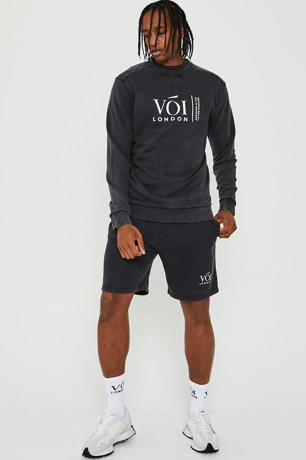 Holton Acid Wash Sweatshirt, T-Shirt & Shorts Set - Charcoal