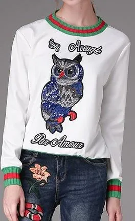 'L'aveugle Par Amour' Embroidered Owl Sweatshirt in White