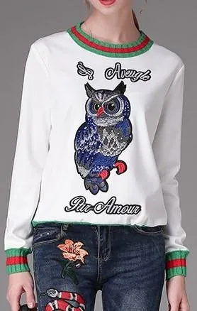 'L'aveugle Par Amour' Embroidered Owl Sweatshirt in White